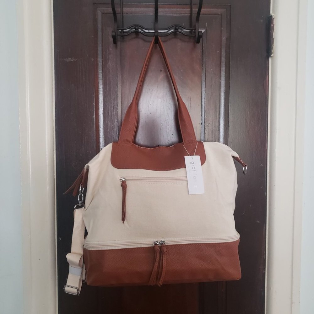 NWT Graf Lantz Vegan Leather Cognac Brown Canvas Weekender Travel Bag